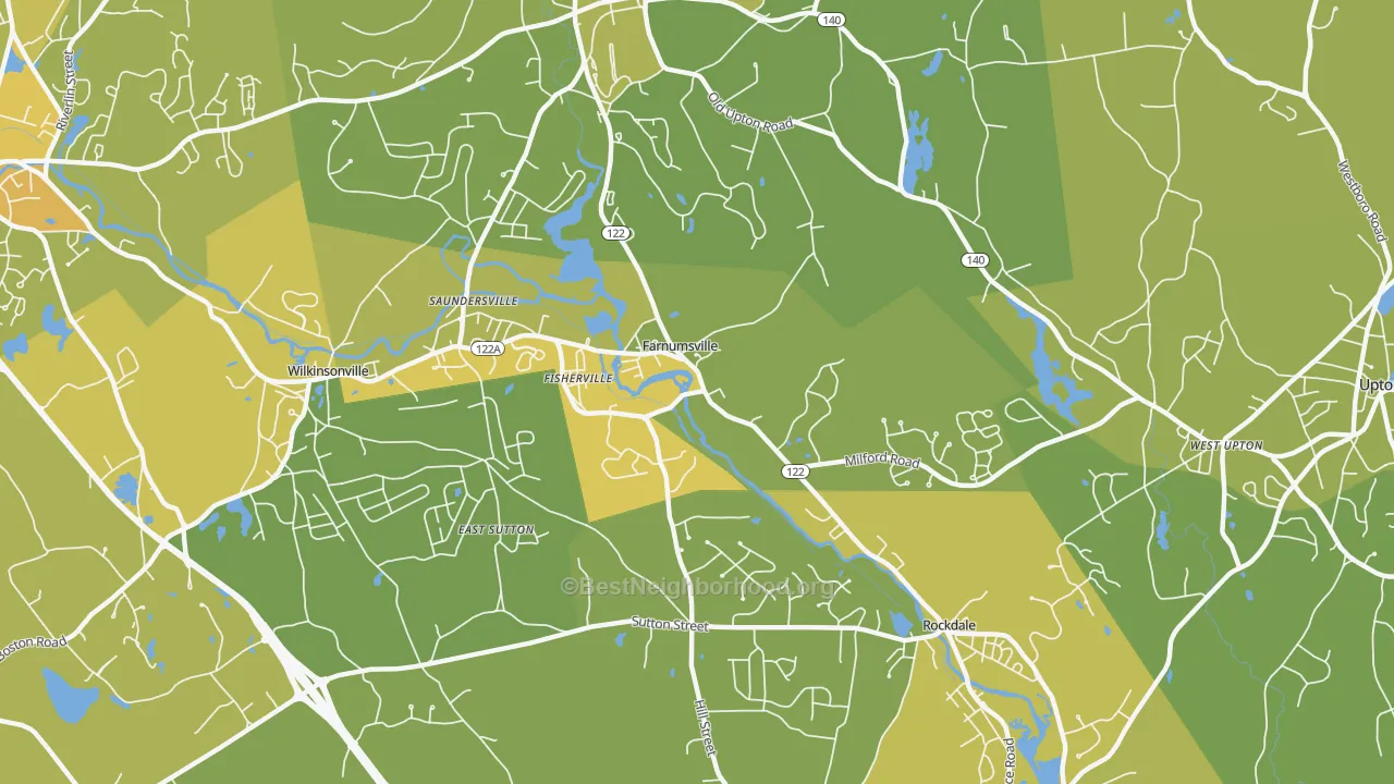 Map of the best neighborhoods in the 01560 area, with better matches in green and worse matches in red