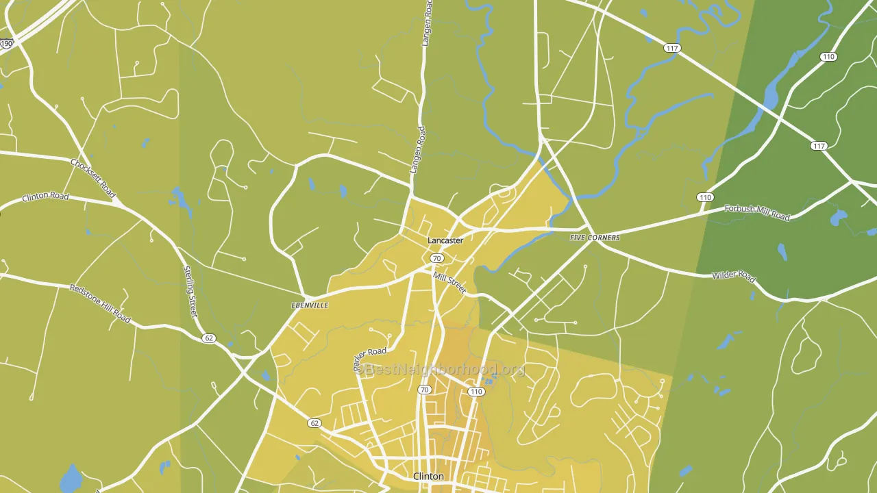 Map of the best neighborhoods in the 01561 area, with better matches in green and worse matches in red