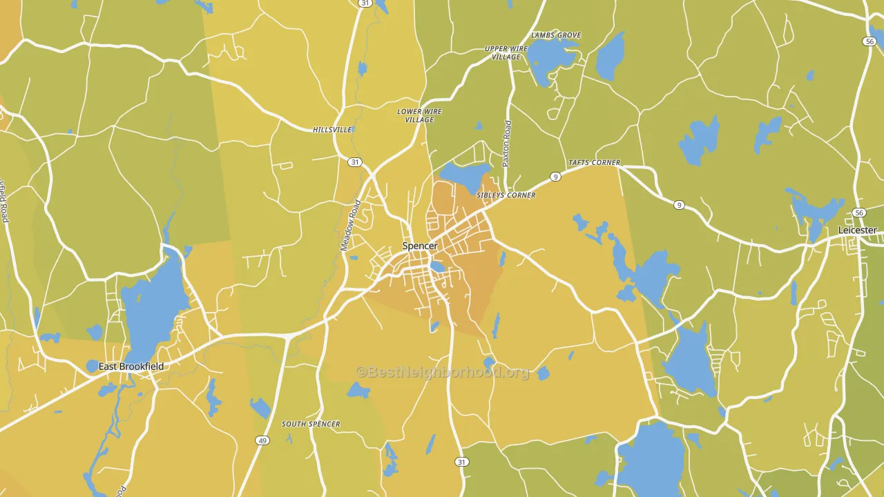 Map of the best neighborhoods in the 01562 area, with better matches in green and worse matches in red