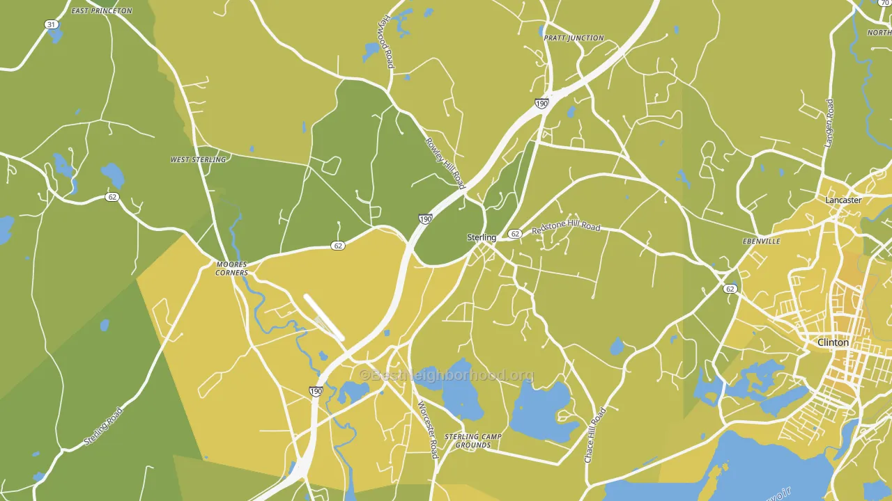 Map of the best neighborhoods in the 01564 area, with better matches in green and worse matches in red