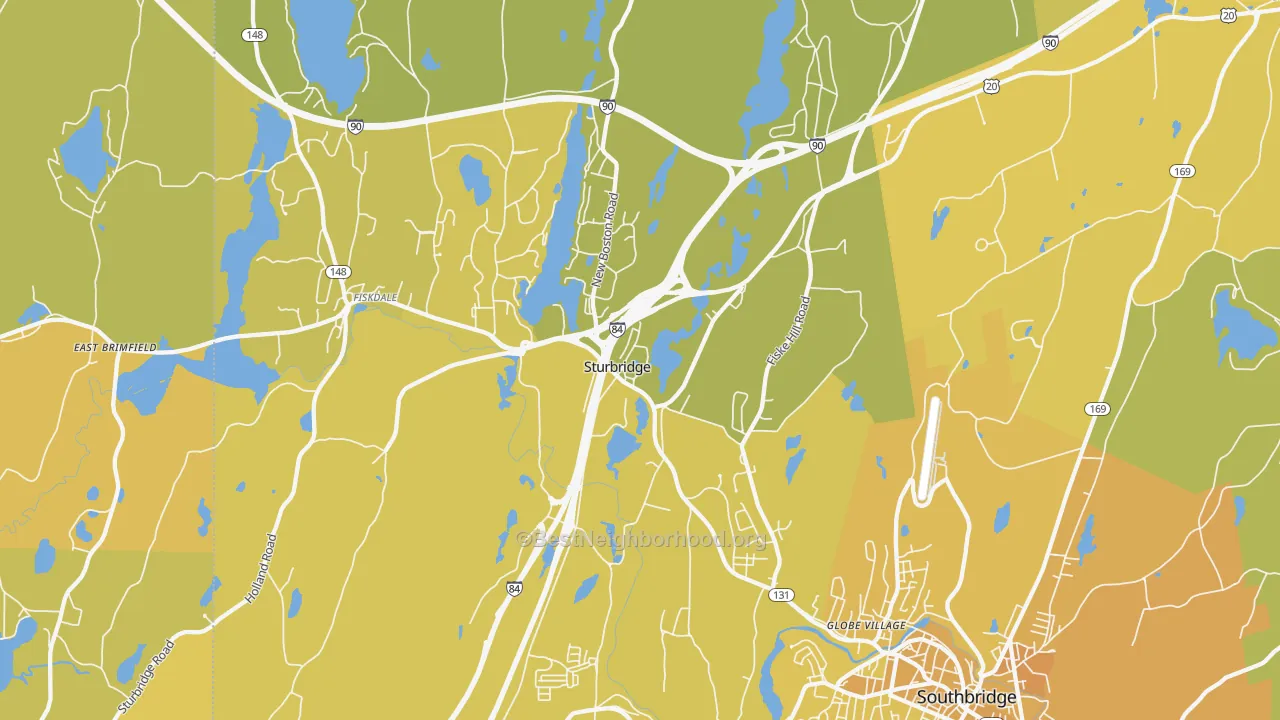 Map of the best neighborhoods in the 01566 area, with better matches in green and worse matches in red