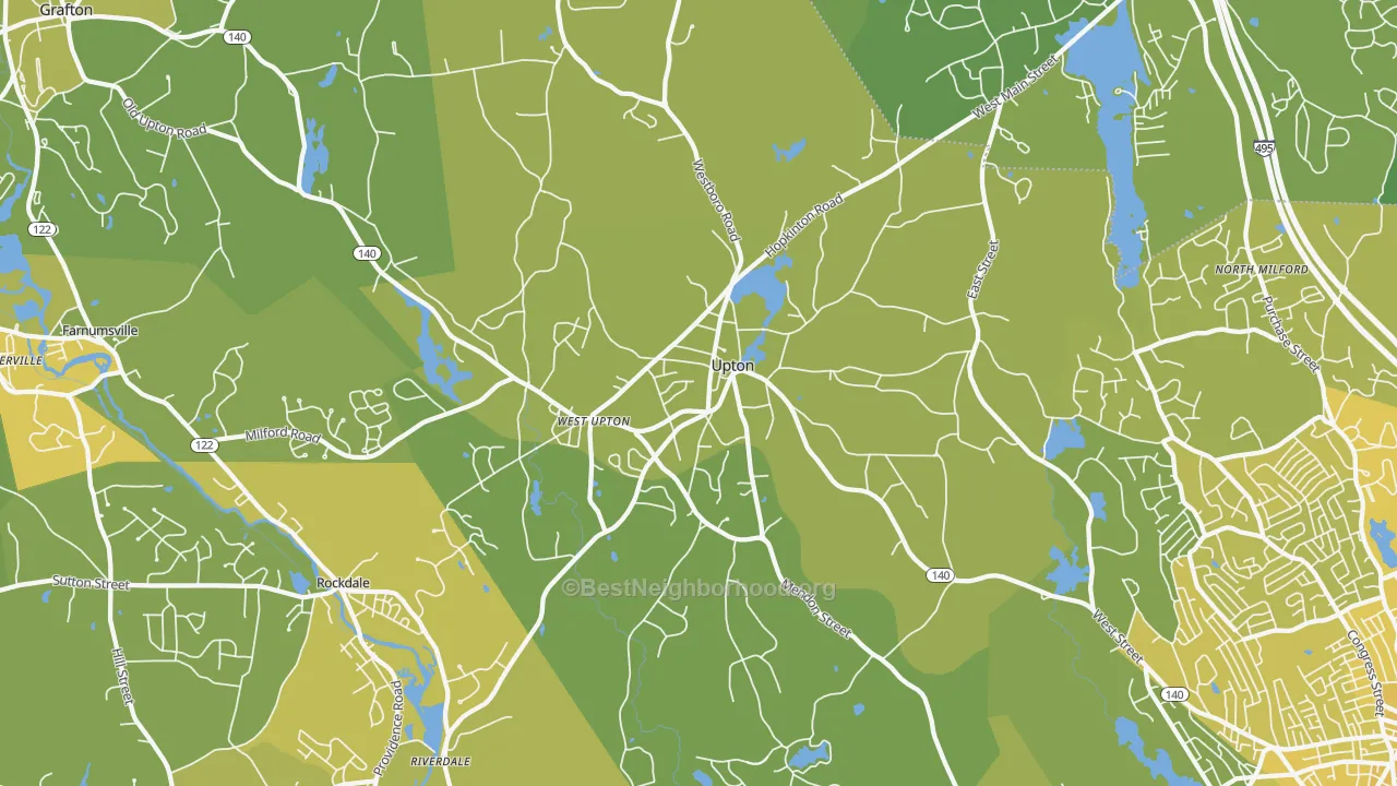 Map of the best neighborhoods in the 01568 area, with better matches in green and worse matches in red