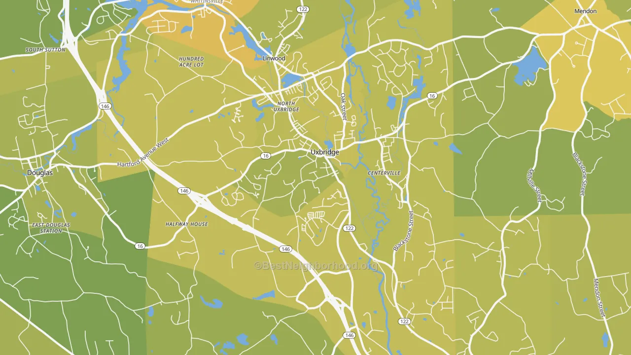 Map of the best neighborhoods in the 01569 area, with better matches in green and worse matches in red