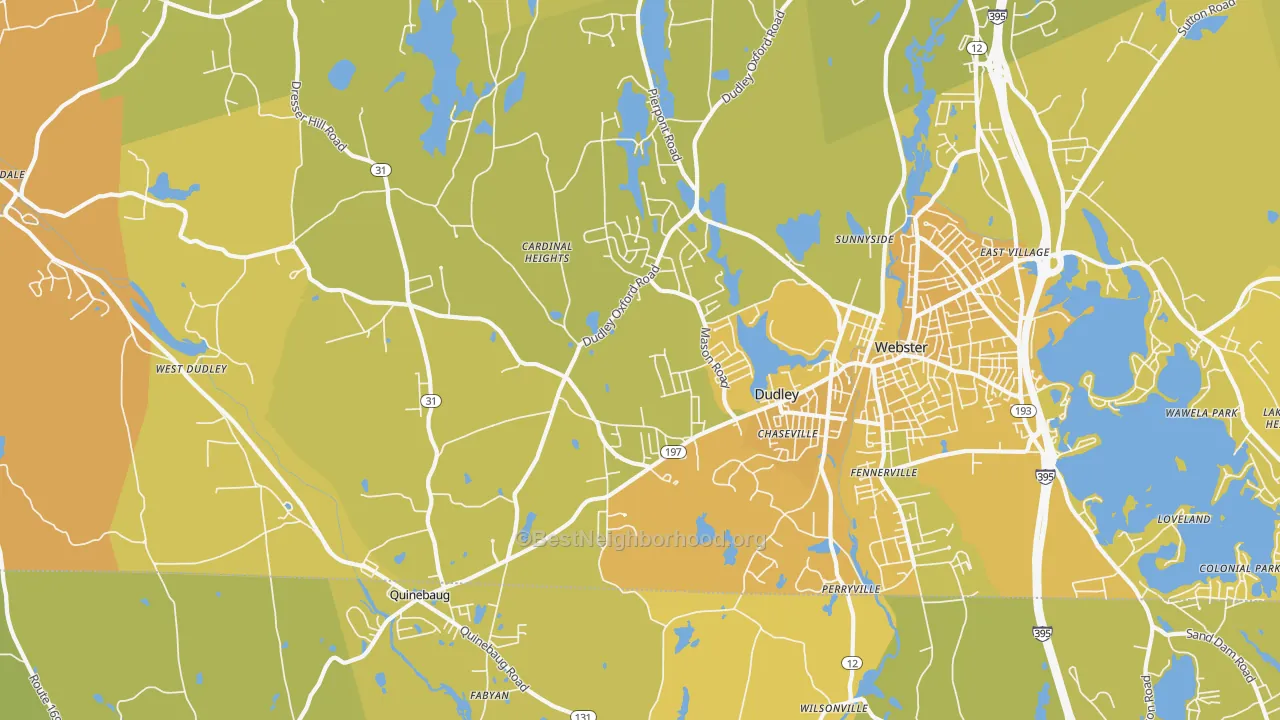 Map of the best neighborhoods in the 01571 area, with better matches in green and worse matches in red