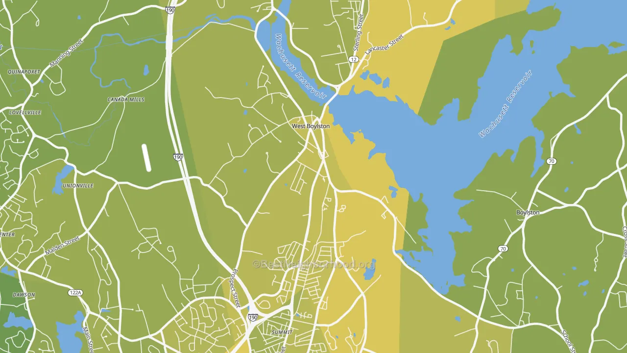 Map of the best neighborhoods in the 01583 area, with better matches in green and worse matches in red