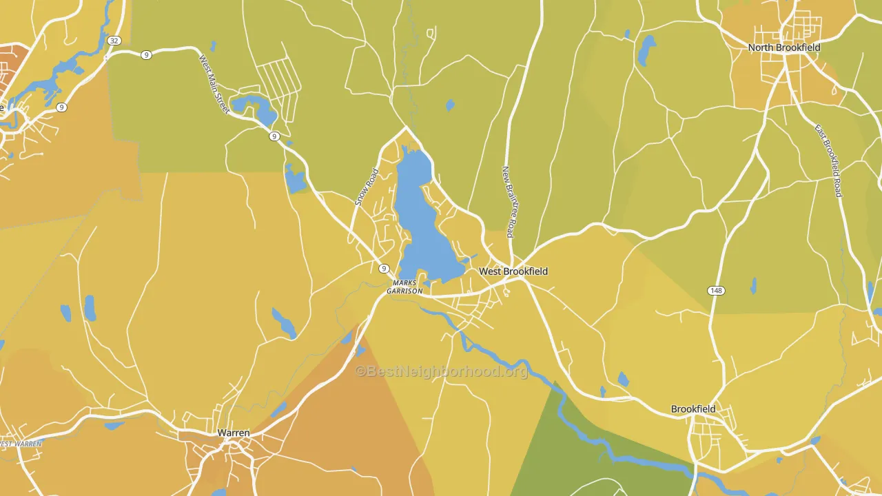 Map of the best neighborhoods in the 01585 area, with better matches in green and worse matches in red