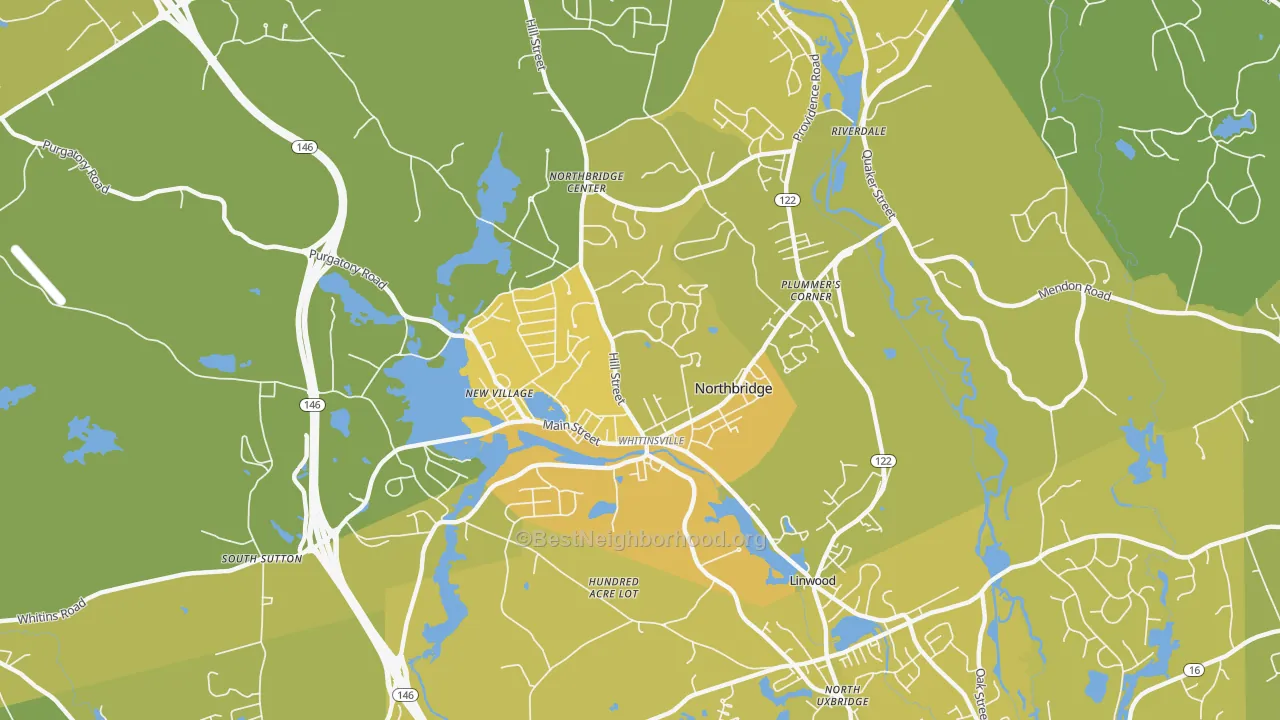 Map of the best neighborhoods in the 01588 area, with better matches in green and worse matches in red