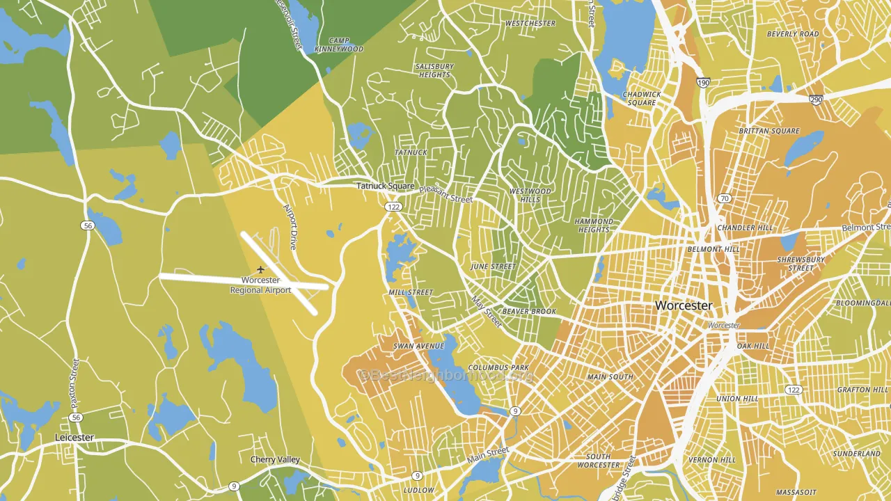 Map of the best neighborhoods in the 01602 area, with better matches in green and worse matches in red