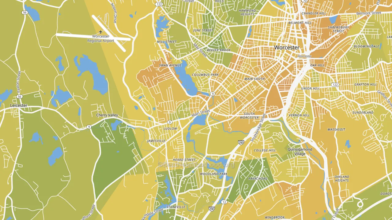 Map of the best neighborhoods in the 01603 area, with better matches in green and worse matches in red