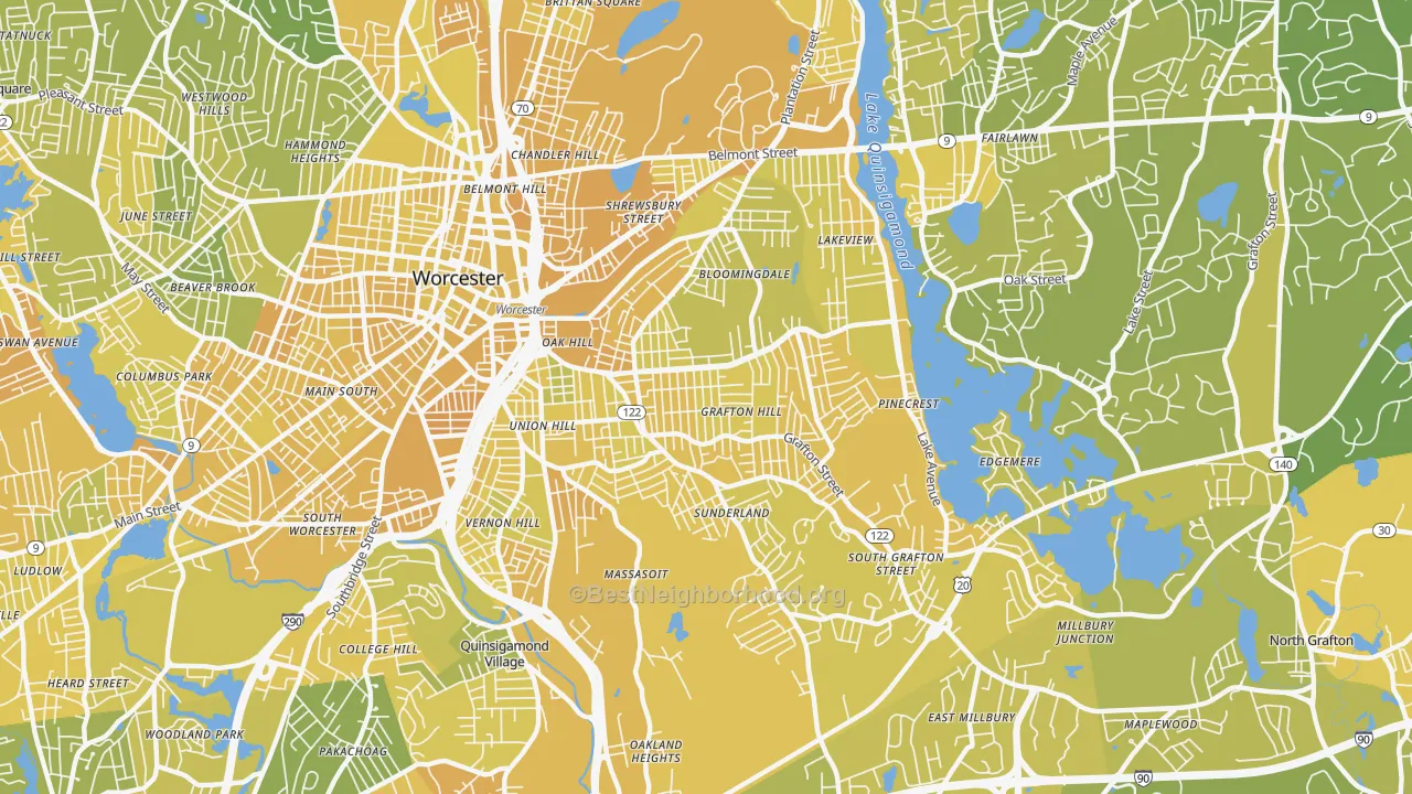 Map of the best neighborhoods in the 01604 area, with better matches in green and worse matches in red