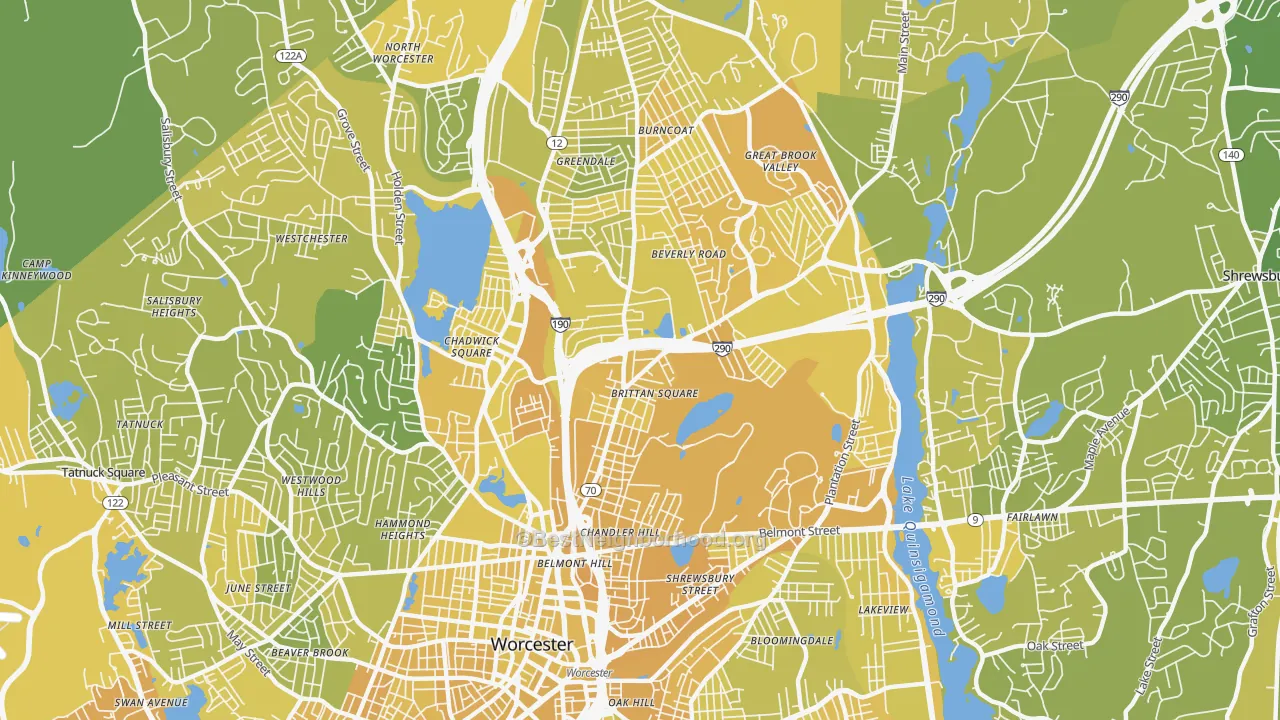 Map of the best neighborhoods in the 01605 area, with better matches in green and worse matches in red