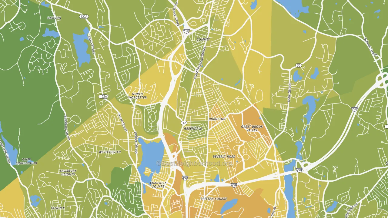 Map of the best neighborhoods in the 01606 area, with better matches in green and worse matches in red