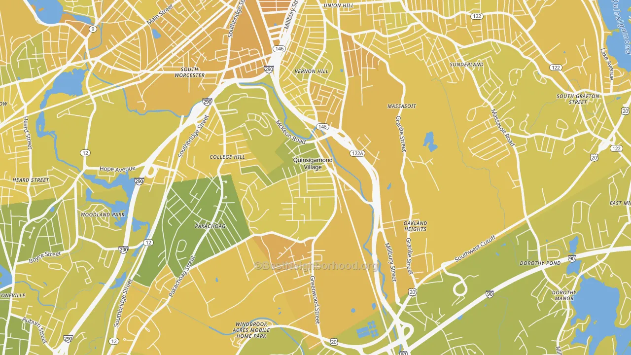 Map of the best neighborhoods in the 01607 area, with better matches in green and worse matches in red