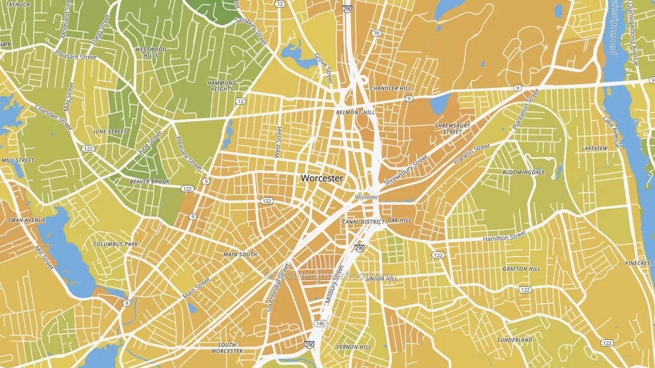 Map of the best neighborhoods in the 01608 area, with better matches in green and worse matches in red