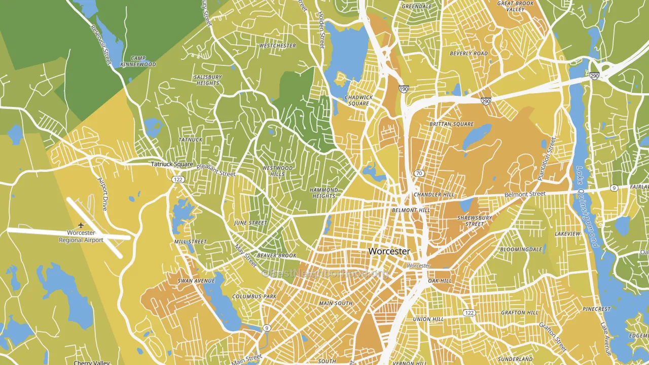 Map of the best neighborhoods in the 01609 area, with better matches in green and worse matches in red