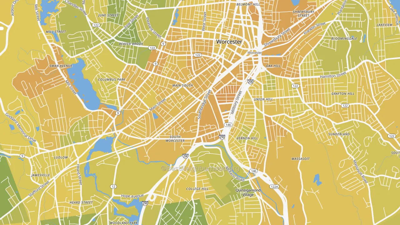 Map of the best neighborhoods in the 01610 area, with better matches in green and worse matches in red