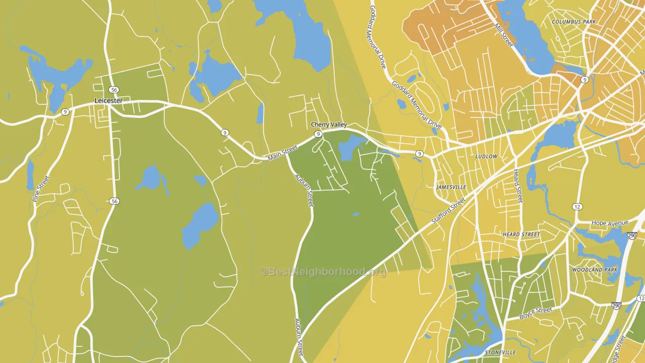 Map of the best neighborhoods in the 01611 area, with better matches in green and worse matches in red