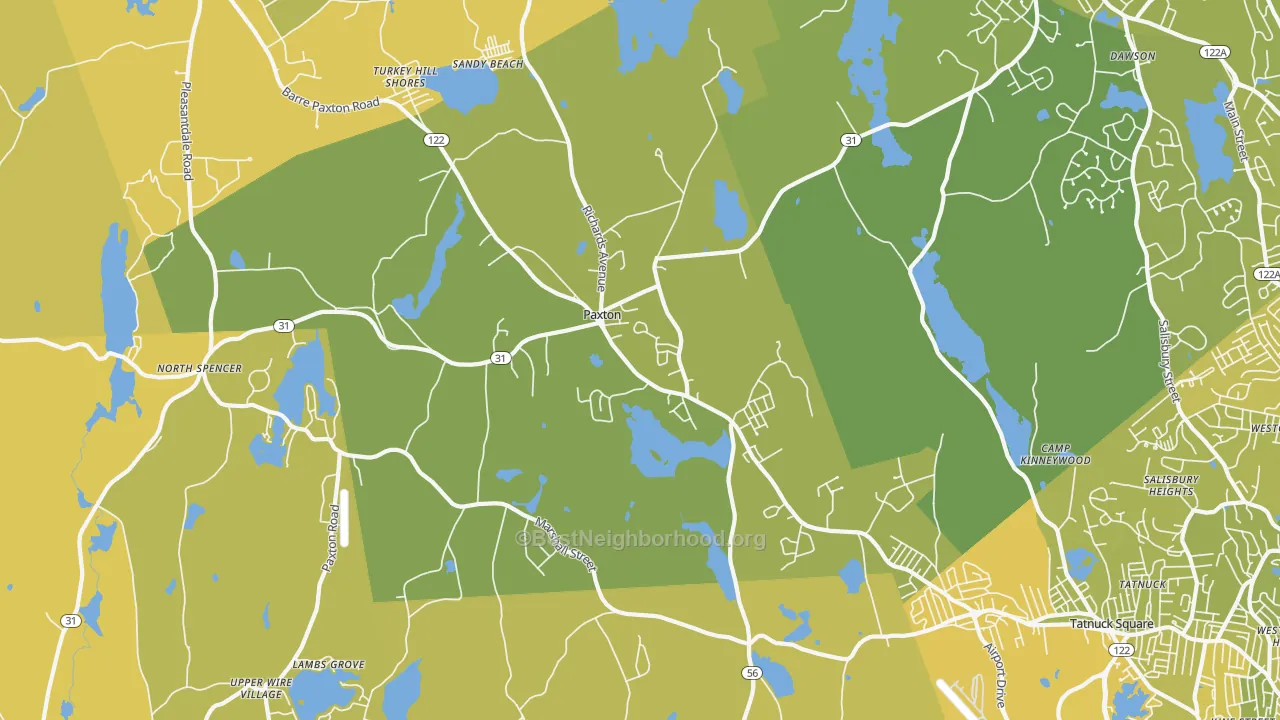 Map of the best neighborhoods in the 01612 area, with better matches in green and worse matches in red
