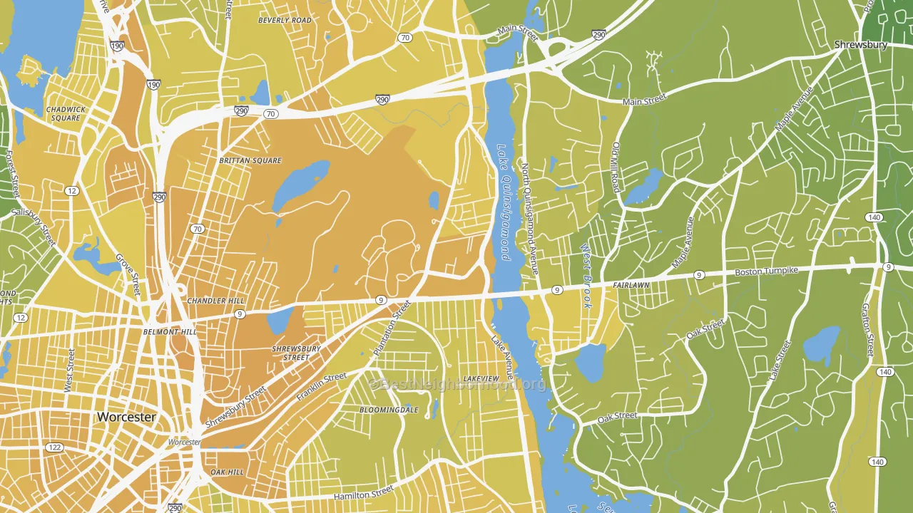 Map of the best neighborhoods in the 01655 area, with better matches in green and worse matches in red