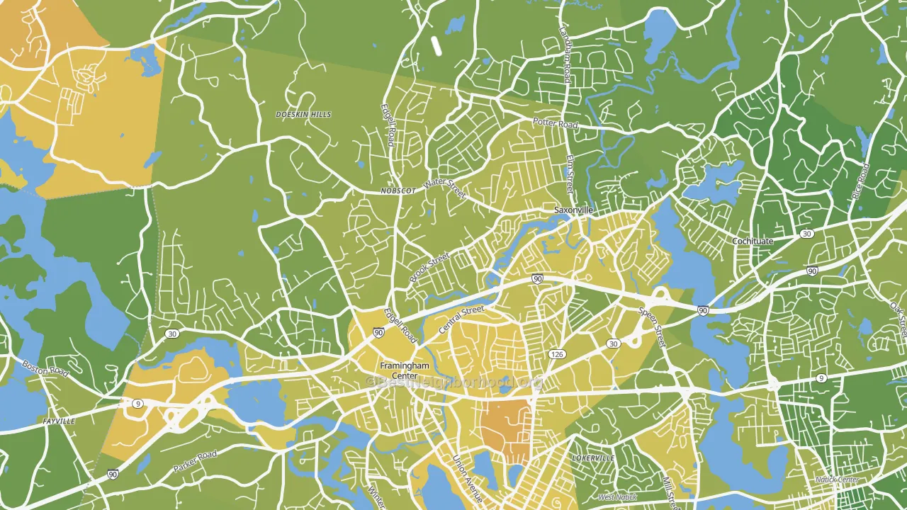 Map of the best neighborhoods in the 01701 area, with better matches in green and worse matches in red