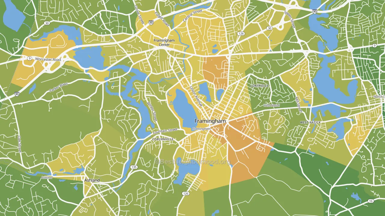 Map of the best neighborhoods in the 01702 area, with better matches in green and worse matches in red