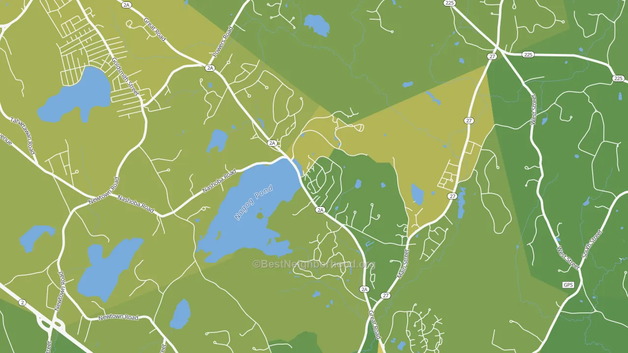 Map of the best neighborhoods in the 01718 area, with better matches in green and worse matches in red