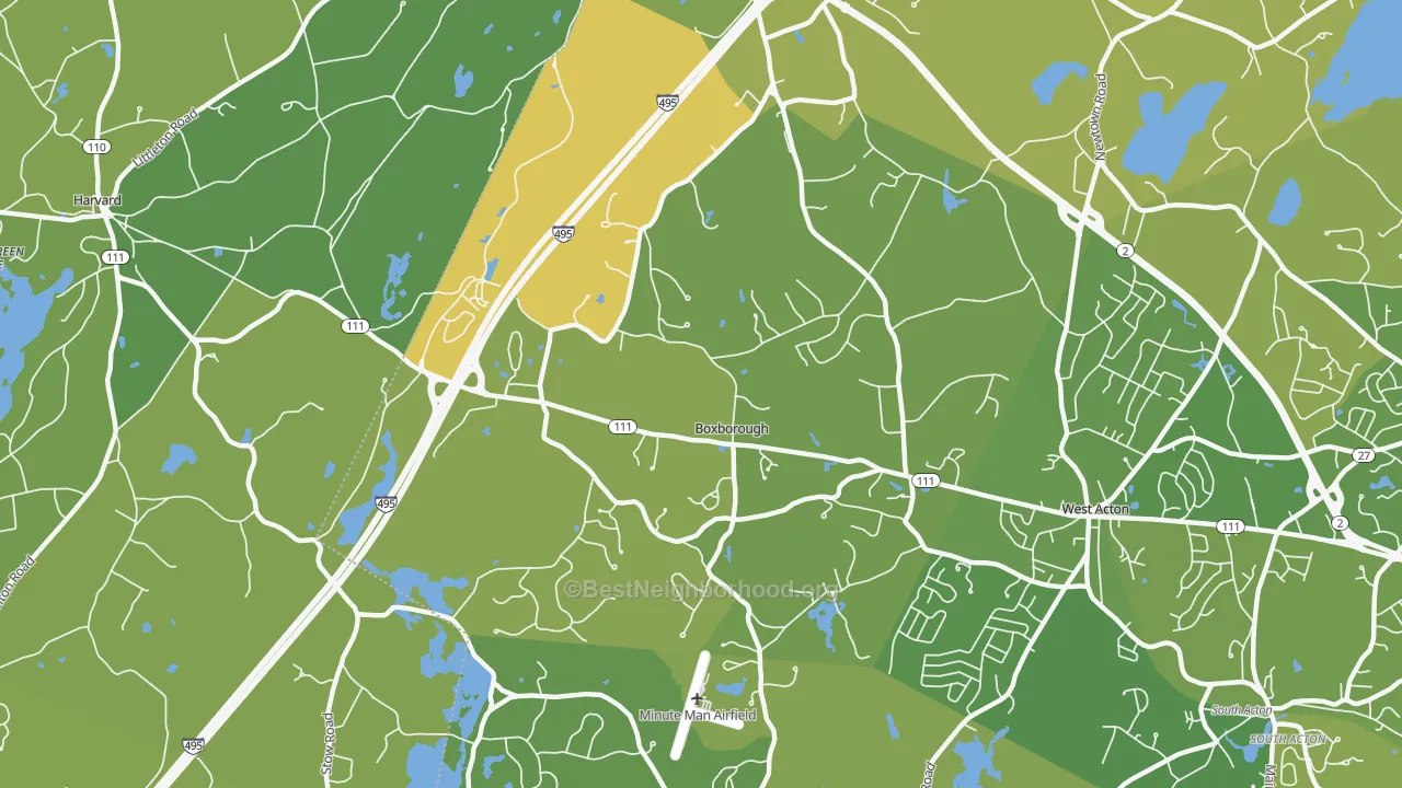 Map of the best neighborhoods in the 01719 area, with better matches in green and worse matches in red