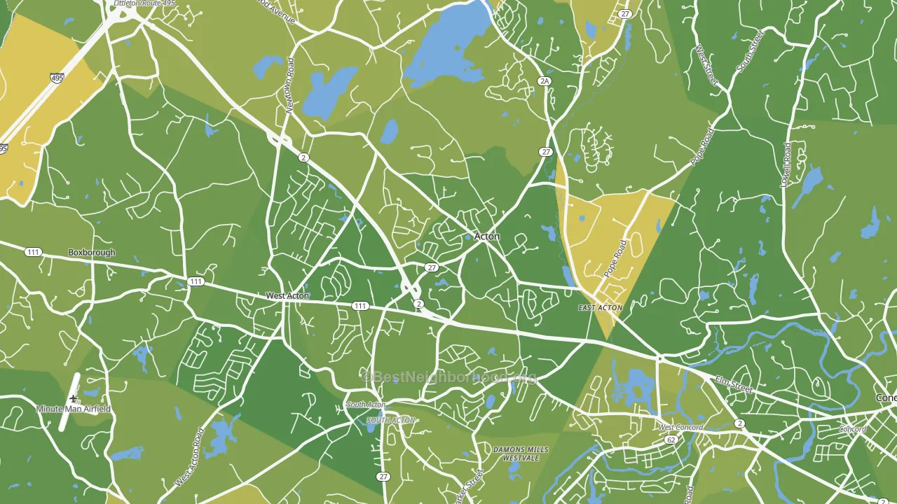 Map of the best neighborhoods in the 01720 area, with better matches in green and worse matches in red