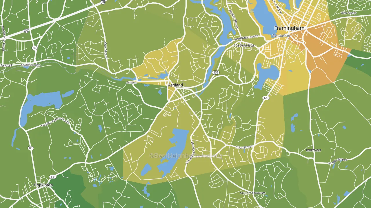 Map of the best neighborhoods in the 01721 area, with better matches in green and worse matches in red