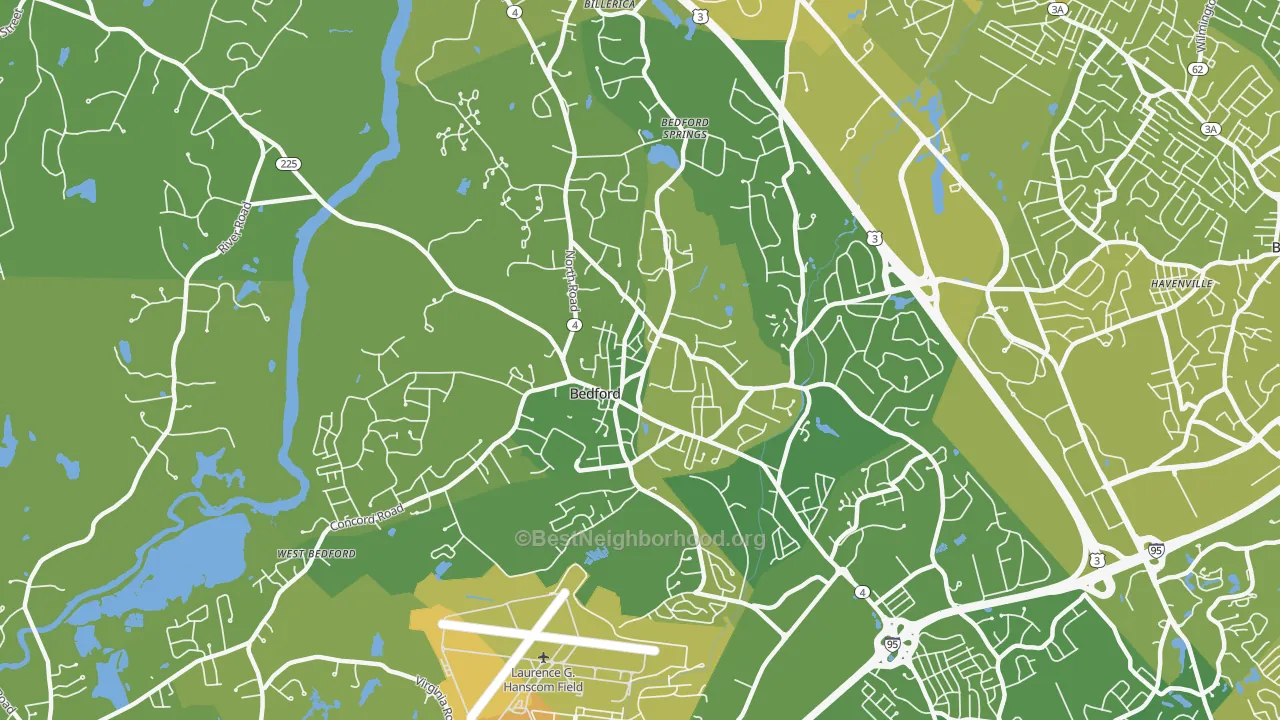 Map of the best neighborhoods in the 01730 area, with better matches in green and worse matches in red