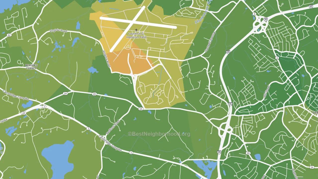 Map of the best neighborhoods in the 01731 area, with better matches in green and worse matches in red