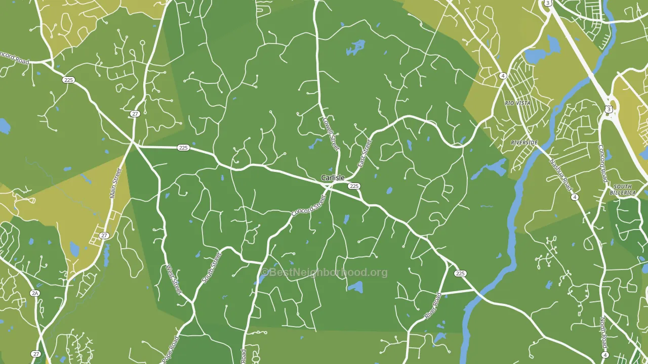Map of the best neighborhoods in the 01741 area, with better matches in green and worse matches in red