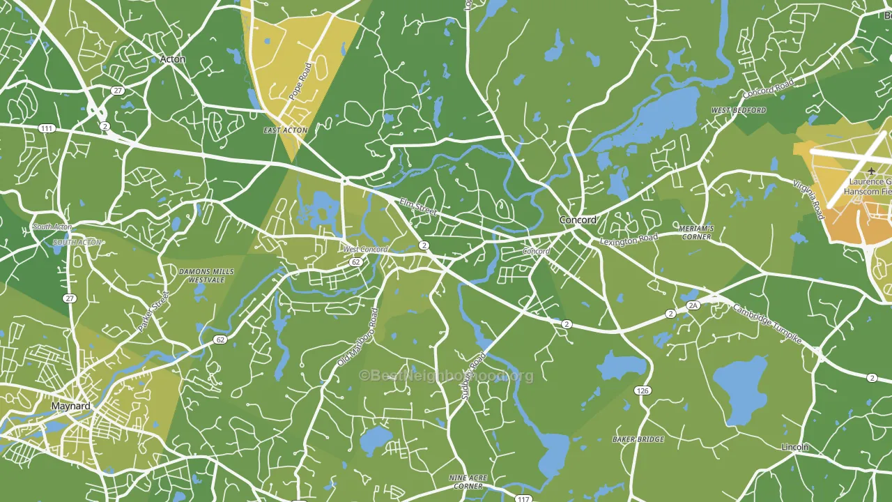 Map of the best neighborhoods in the 01742 area, with better matches in green and worse matches in red