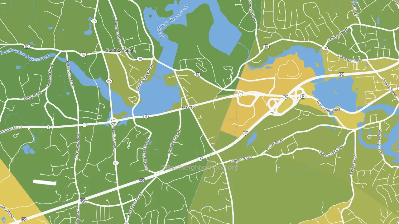 Map of the best neighborhoods in the 01745 area, with better matches in green and worse matches in red