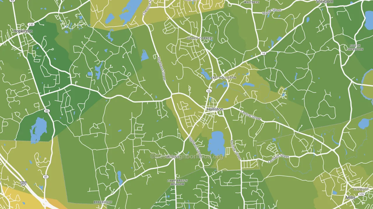 Map of the best neighborhoods in the 01746 area, with better matches in green and worse matches in red