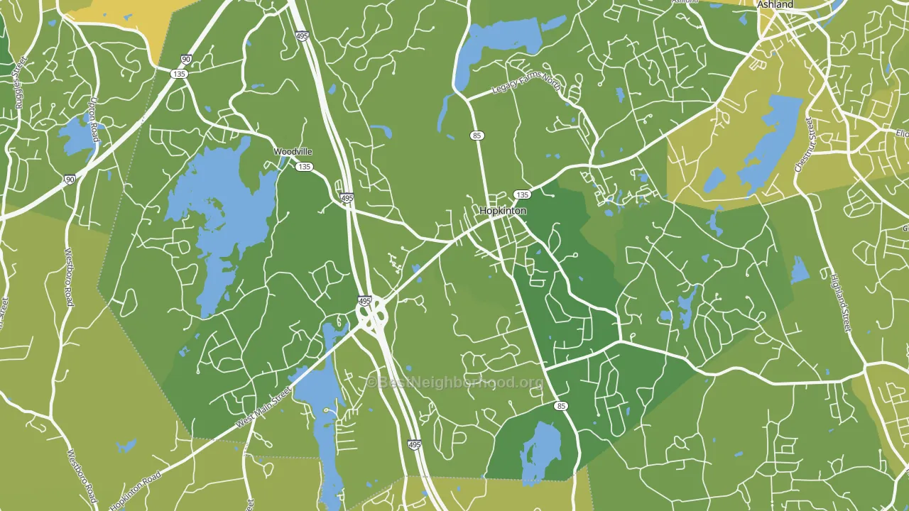 Map of the best neighborhoods in the 01748 area, with better matches in green and worse matches in red