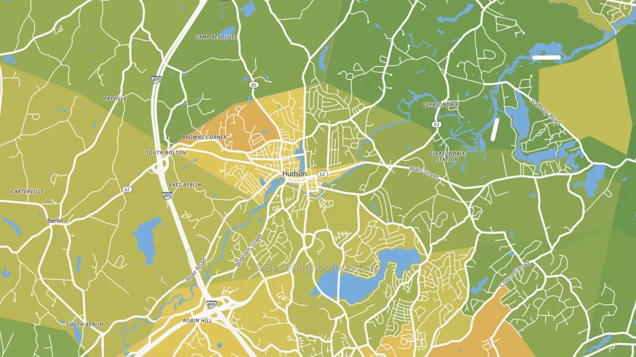 Map of the best neighborhoods in the 01749 area, with better matches in green and worse matches in red