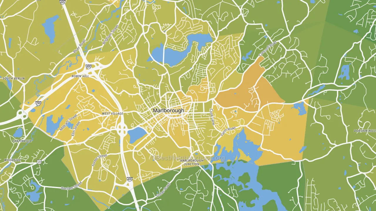Map of the best neighborhoods in the 01752 area, with better matches in green and worse matches in red