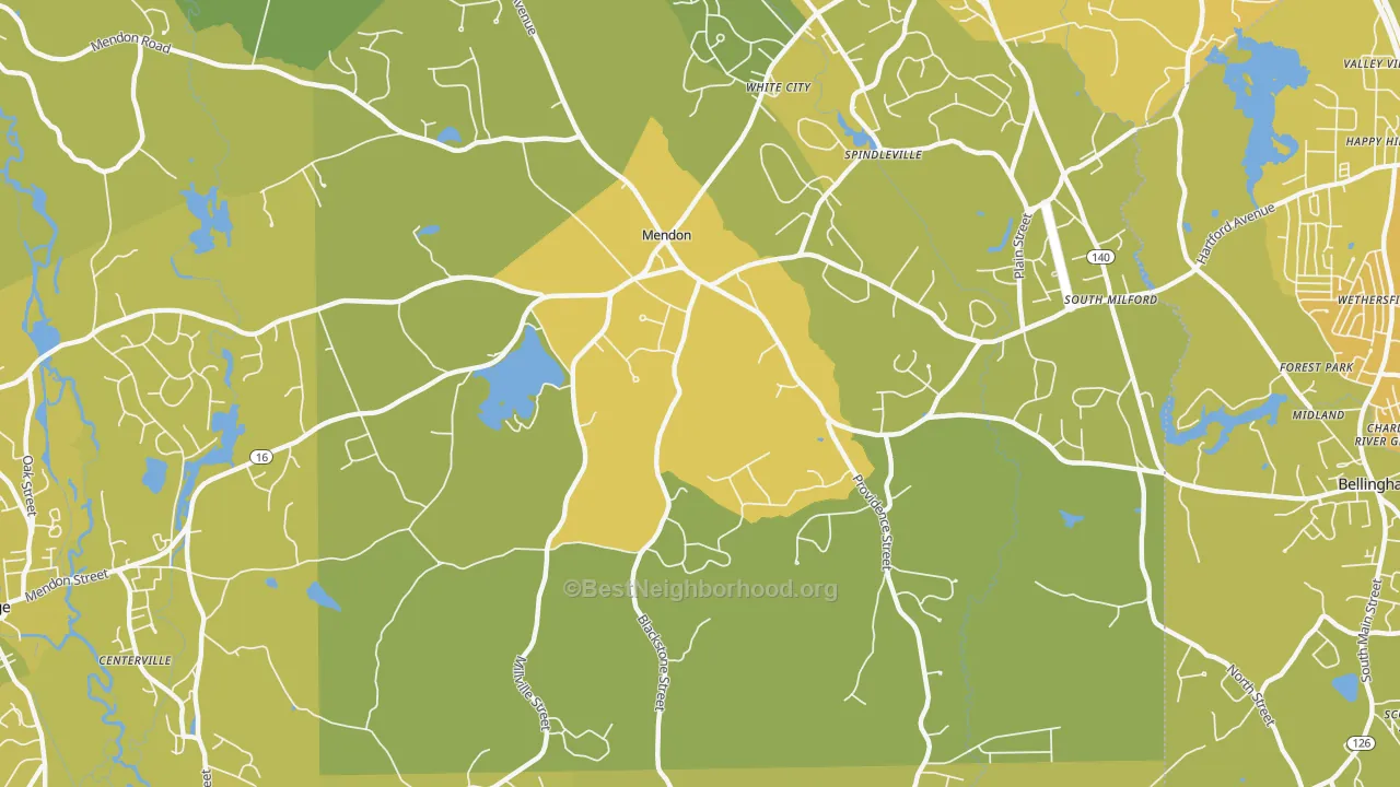 Map of the best neighborhoods in the 01756 area, with better matches in green and worse matches in red
