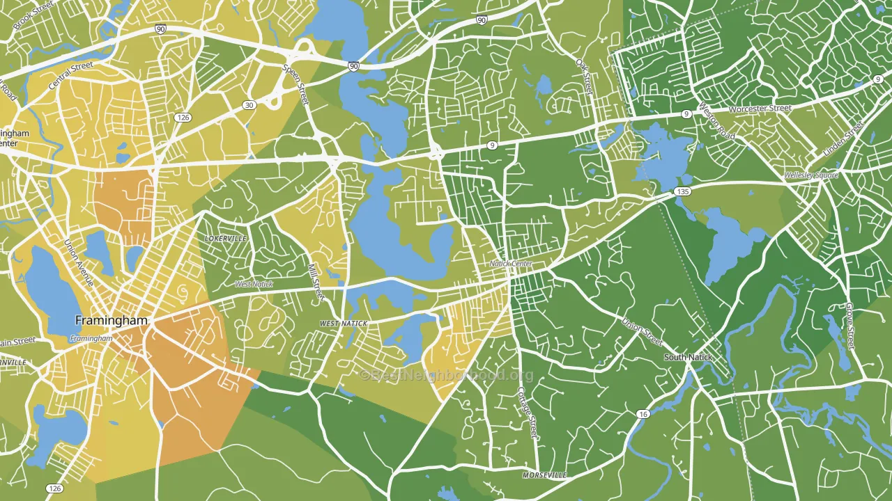 Map of the best neighborhoods in the 01760 area, with better matches in green and worse matches in red
