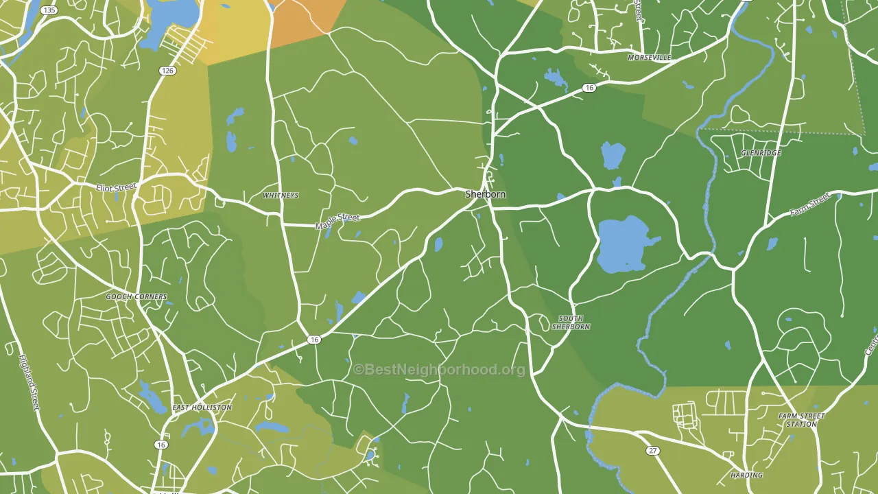 Map of the best neighborhoods in the 01770 area, with better matches in green and worse matches in red