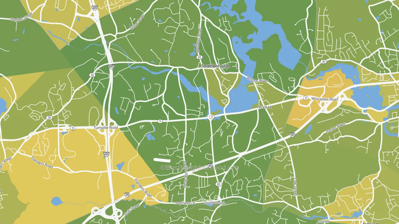 Map of the best neighborhoods in the 01772 area, with better matches in green and worse matches in red