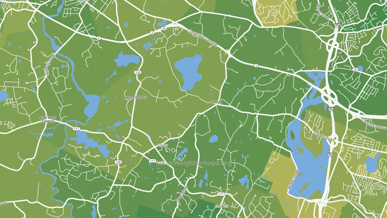 Map of the best neighborhoods in the 01773 area, with better matches in green and worse matches in red