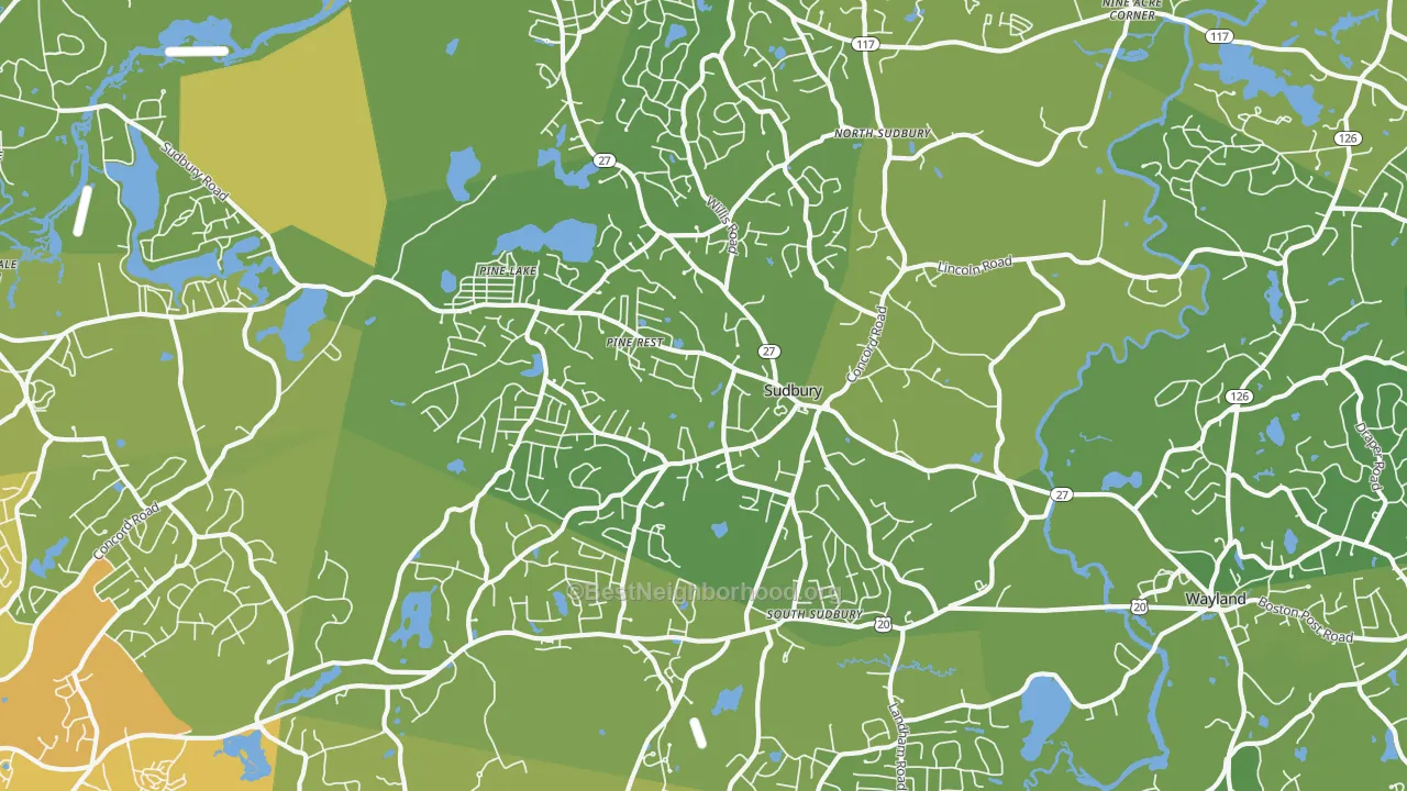 Map of the best neighborhoods in the 01776 area, with better matches in green and worse matches in red