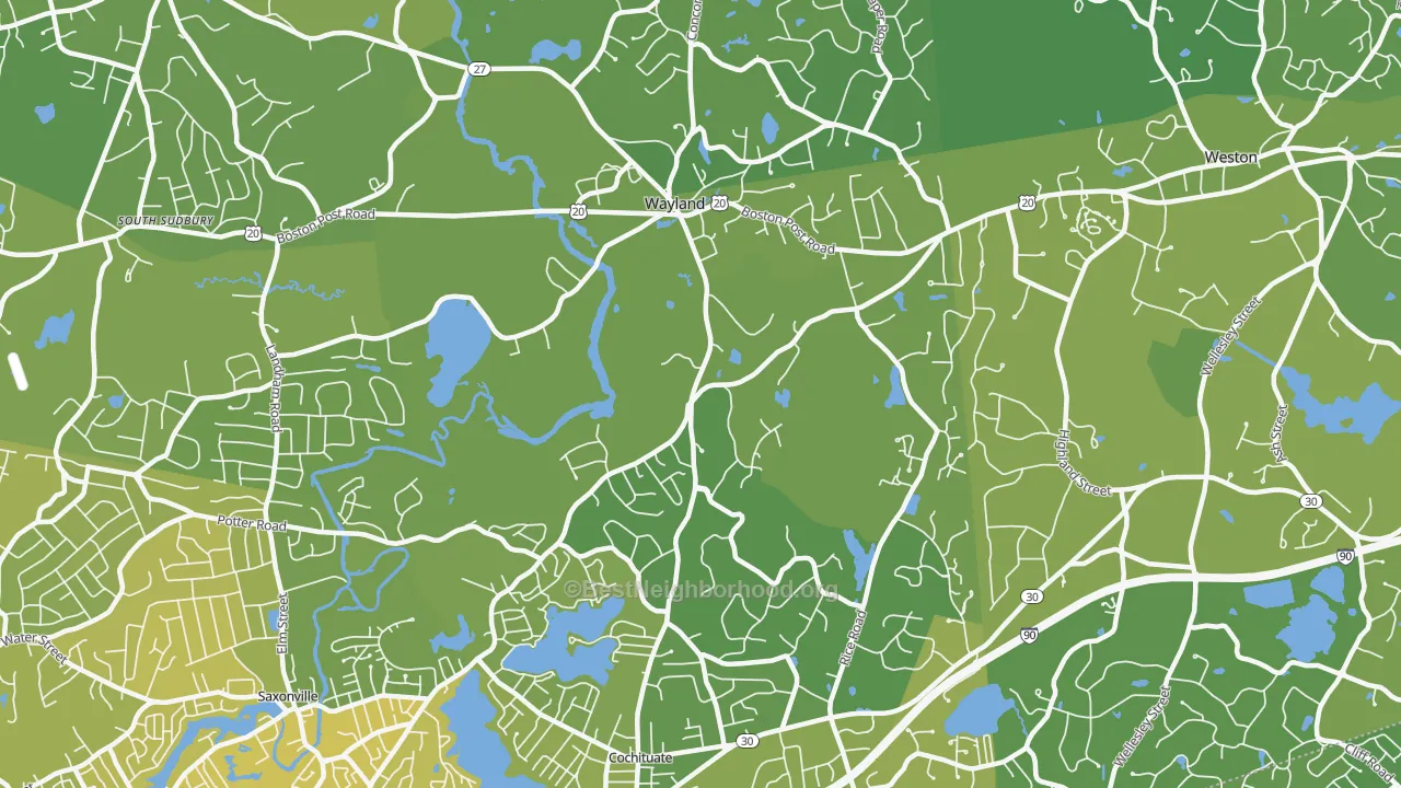 Map of the best neighborhoods in the 01778 area, with better matches in green and worse matches in red