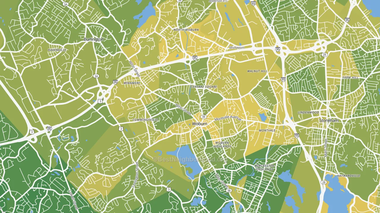 Map of the best neighborhoods in the 01801 area, with better matches in green and worse matches in red