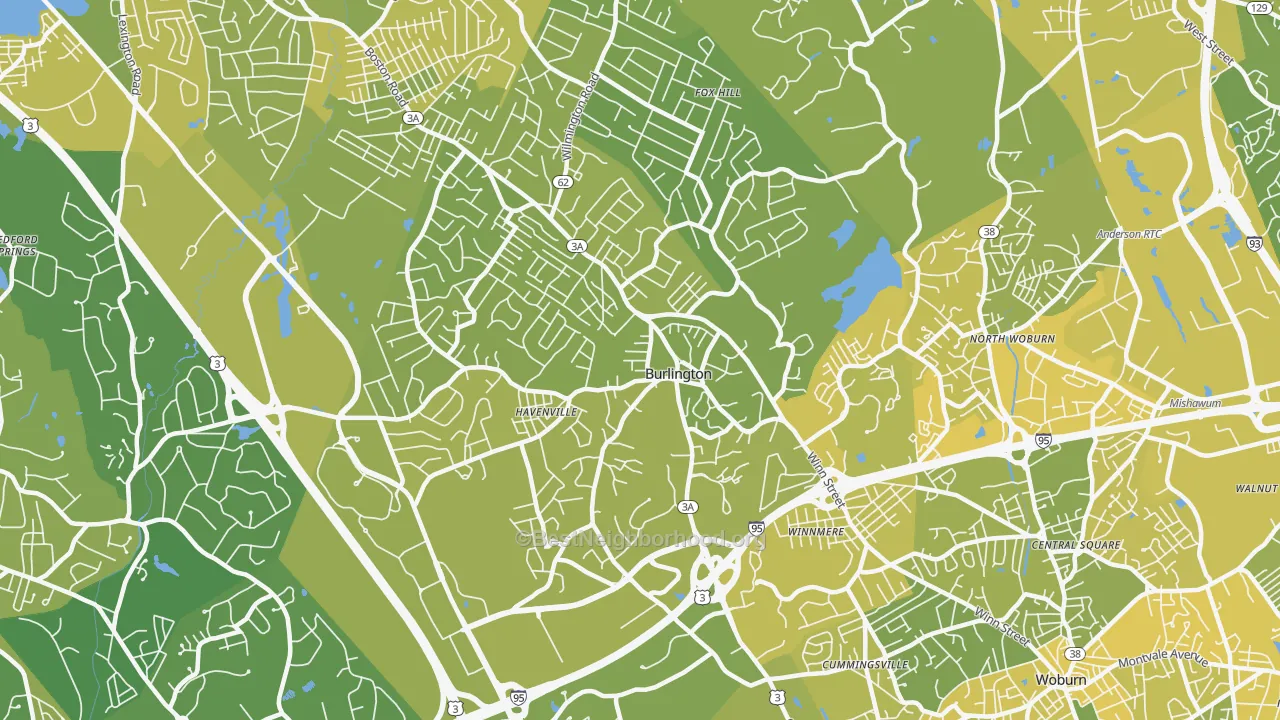 Map of the best neighborhoods in the 01803 area, with better matches in green and worse matches in red