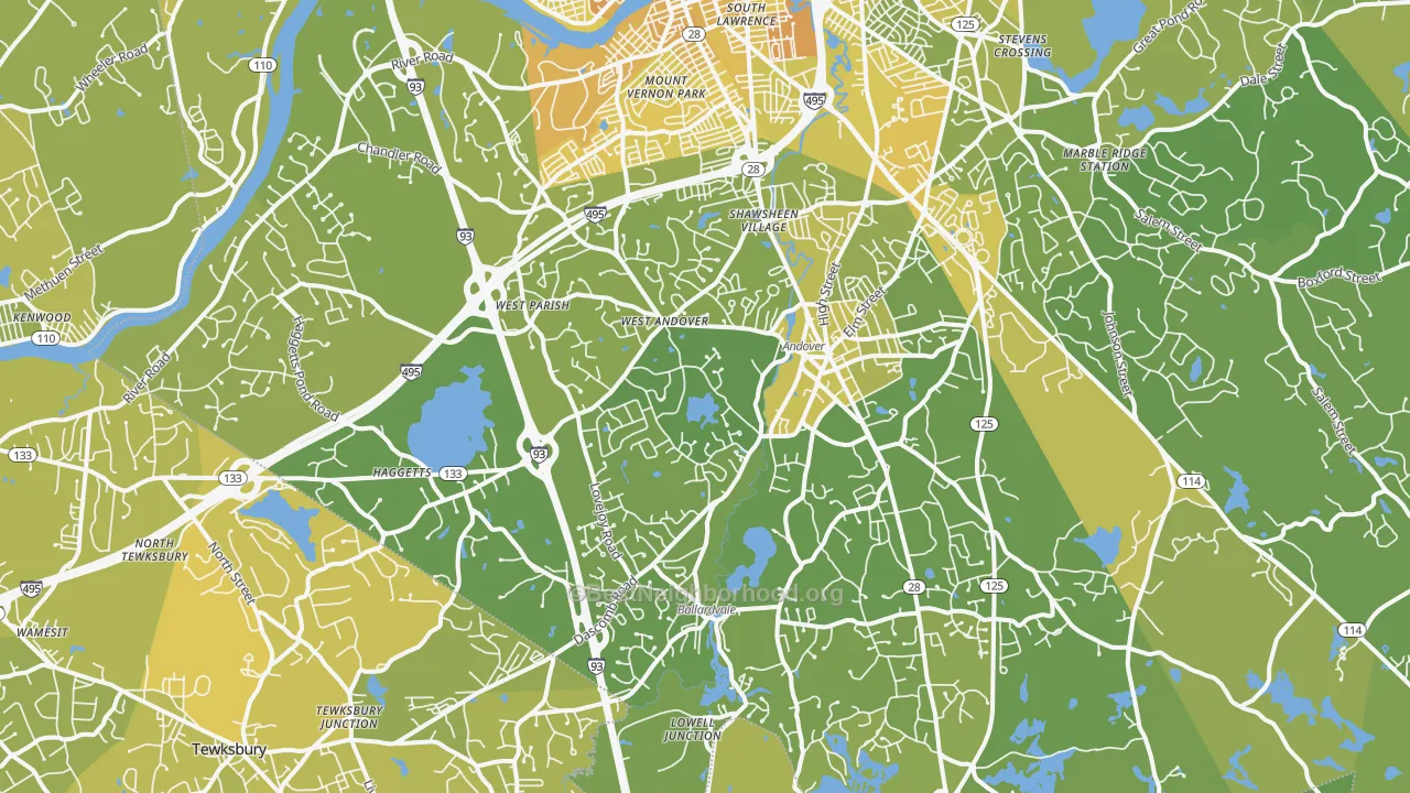 Map of the best neighborhoods in the 01810 area, with better matches in green and worse matches in red