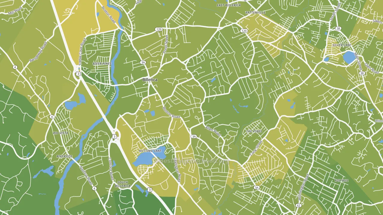 Map of the best neighborhoods in the 01821 area, with better matches in green and worse matches in red