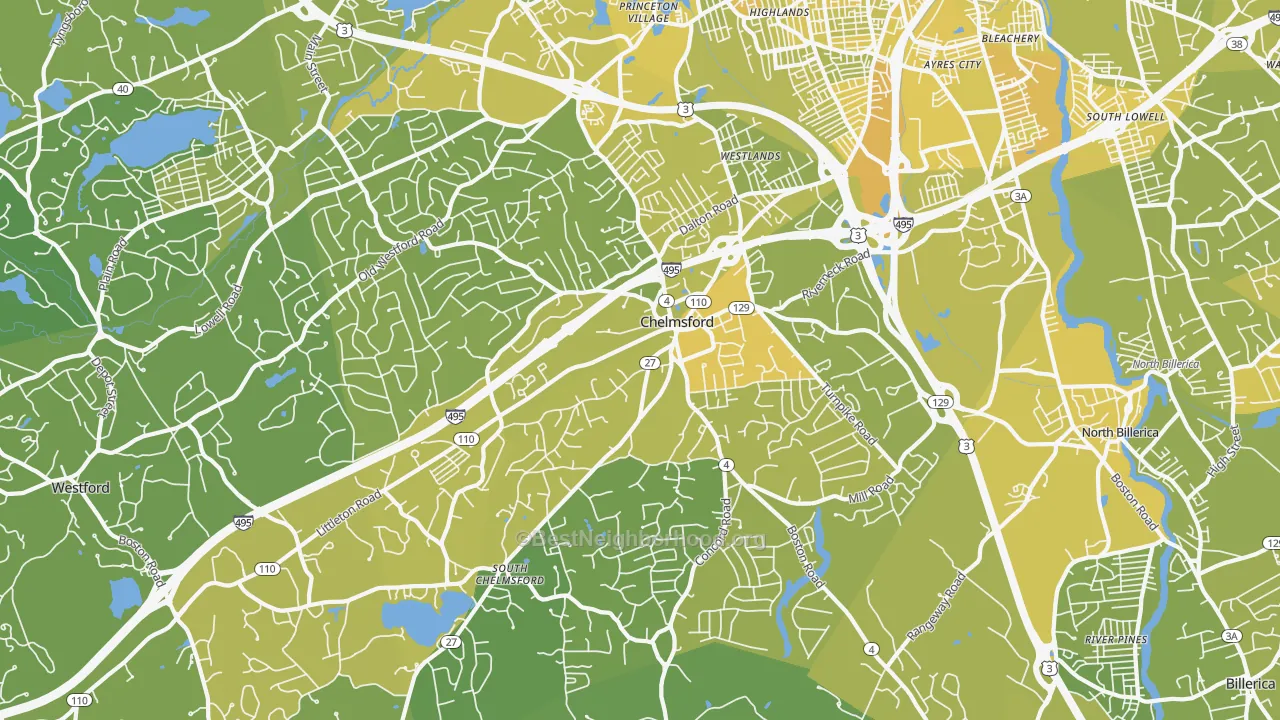 Map of the best neighborhoods in the 01824 area, with better matches in green and worse matches in red